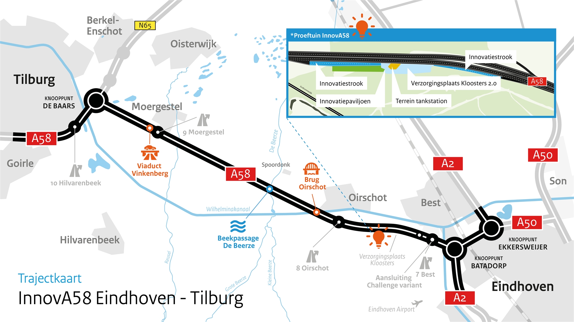 kaart van de A58 tussen Eondhoven en Tilburg met inzet van parkeerplaats Kloosters bij OIrschot