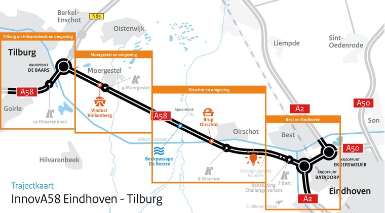 trajectkaart van Eindhoven-Tilburg met deeltrajecten